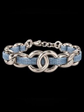 Chanel Silver Chain Bracelet with Light Blue Woven Band